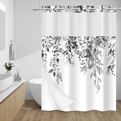 WITHLOC Duschvorhang ohne Haken mit Einrastfutter, Eukalyptus-Duschvorhang, waschbar, wasserdicht, Pflanzen, schwarze Blätter, moderne Duschvorhänge, maschinenwaschbar, 71 x 77 cm