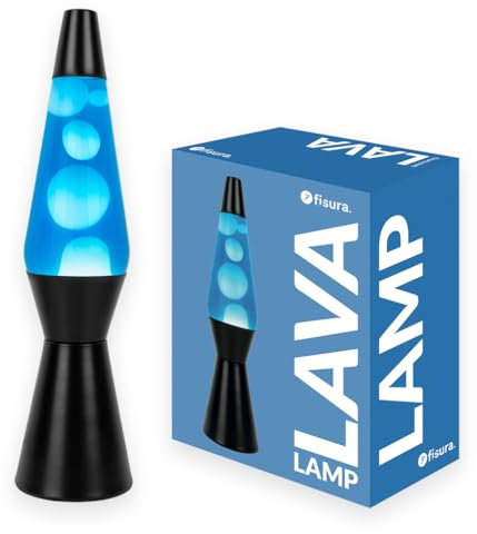 Fisura - Lampada lava blu e nera. Base nera, lava bianca e liquido blu. Lampada lava retrò con lampadina di ricambio. Dimensioni: 11,5 cm x 11,5 cm x 40 cm.