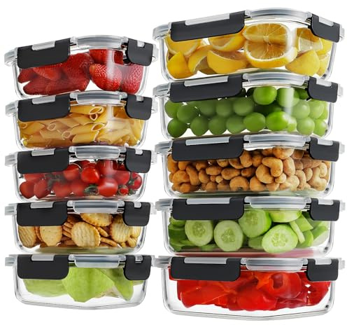 HOMBERKING 10 Pack Borosilicate Glass Meal Prep Containers with Locking Lids, Glass Food Storage Containers Set, Airtight Lunch Bento Boxes, BPA-Free & Leak Proof, 36oz & 14oz, Freezer, Oven Safe