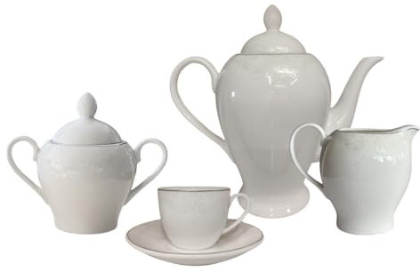 Set à café en porcelaine blanche, 27 pièces pour 12 personnes, avec décoration fil platine et rainure florale