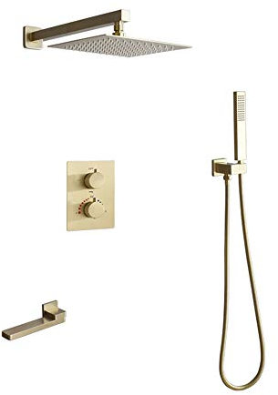 Shower Mixer Thermostatic Rainfall Shower System, Brushed Gold Rainfall Mixer Shower Combo Set Wall Mounted Shower Faucet Set with Shower Head, Hand Shower, Spout for Mixer Shower