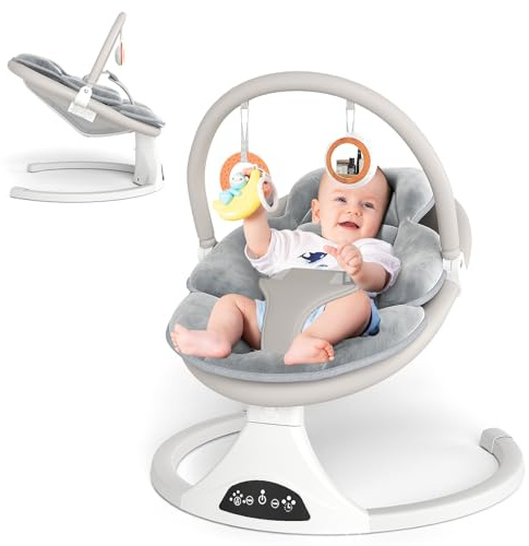 Electric Baby Swing with Remote Control - 5 Natural Motion Speeds, Detachable Seat Pad | Portable Infant Swing for Indoor/Outdoor Use (0-6M, 20lbs) (Gray)