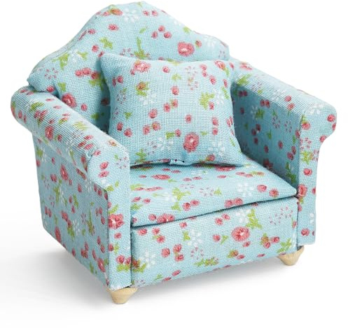 Odoria Casa delle Bambole Poltrona Miniatura: 1/12 Scala Divano per Ufficio Soggiorno e Salotto Rustico Country - Mini Sedia Poltroncina Vintage Mobili Legno con Cuscino Floreale Blu