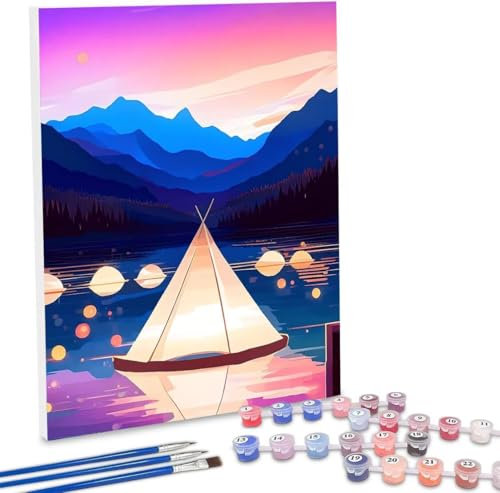 Malen nach Zahlen für Erwachsene, DIY See Lampe Malen nach Zahlen Kunst-Set, DIY Erwachsene Vorgedruckte Leinen Leinwand Ölgemälde, Malen Nach Zahlen ab 7 Jahre Mädchen, Ohne Rahmen 60x80cm D-201