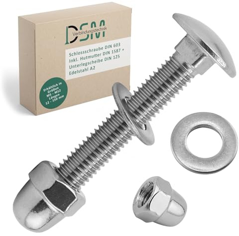 DSM – Schlossschrauben M5 x 45 mm SET DIN 603 – je 100 Stück Edelstahl A2 | inkl. M5 Hutmuttern DIN 1587 & Unterlegscheiben DIN 125 [TrueSpec] Vollgewinde Flachrundkopfschrauben Torbandschrauben
