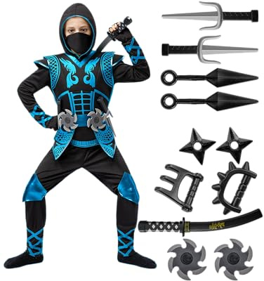 Spooktacular Creations Blå ninjadräkt set, ninjadräkt med skumtillbehör, barn, halloweenkostym för små barn, perfekt för cosplay-fester (medelstorlek, 8–10 år)
