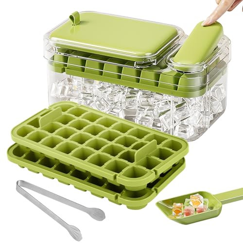Cubiteras para Hielo de Con Tapa Y Cubo, Cubitera Silicona de Grado Alimenticio con cuchara para congelador, Fácil liberación Apilables Bandeja de 96 moldes de silicona (Verde)