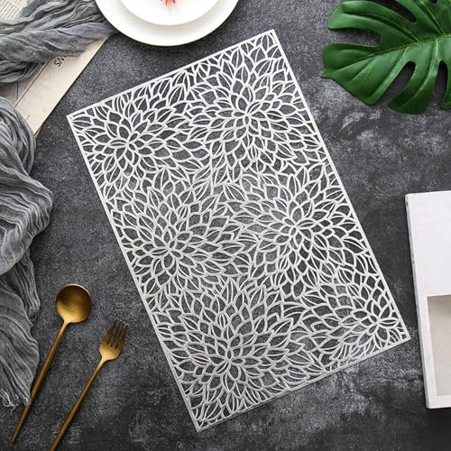 Beydodo Tischsets Abwaschbar 2er Set, Platzsets PVC 30x45CM Silber mit Motiv Lotusblumen Nordisch Platzdeckchen rutschfest für Draußen Esstisch