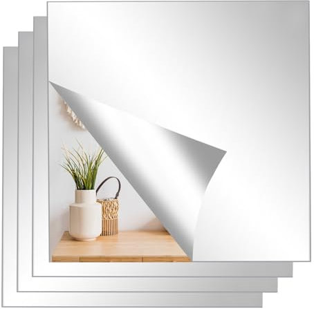 QUIIEOSKIA Full length mirror Tiles, 4 Pcs Flexible Mirror Sheets, Self-Adhesive Mirrors 2mm Thickened Acrylic Mirrorfor for Bathroom Living Room Bedroom Wardrobe (20x20cm)