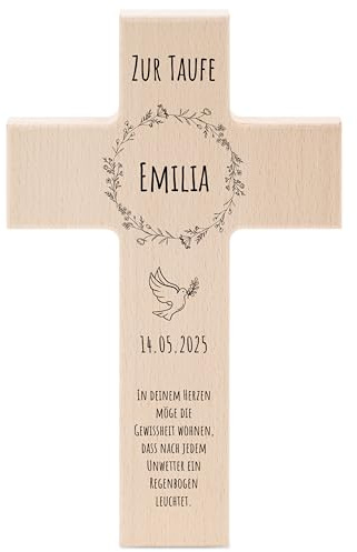 wunderwunsch - Personalisiertes Taufkreuz mit hochwertigem Druck aus massivem Buchenholz - Taufgeschenk - Holzkreuz Taufe Geschenk für Babys (Blumenkranz)
