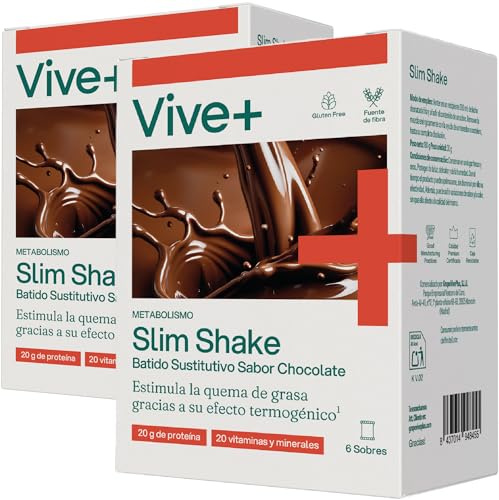 Vive+ Slim Shake Chocolate – Sobres de Sustitutivo de Comida con 20 g Proteína, 20 Vitaminas y Minerales, Fibra, Guaraná y Té Verde – Control de Peso, Saciedad y Termogénesis (Pack de 2-12 Sobres)