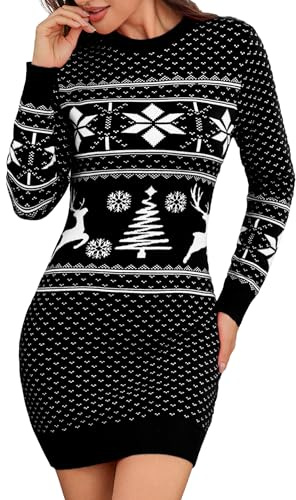 Irevial Weihnachtskleid Damen Rundhals Schneeflocken Strickkleid Schwarz L | Gemütlich, Klassisch, Warm, Weich, Rippstrick, für Freizeit Weihnachten Party