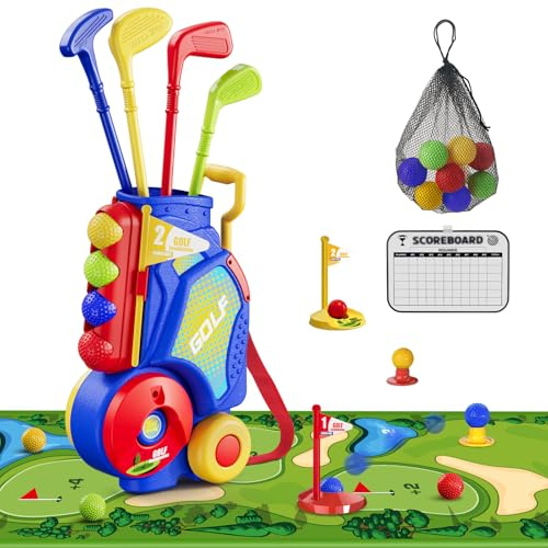 HYES Golfset för småbarn, 2–4 år, golfklubb för barn med 8 bollar, 4 plastklubbar, bordmatta, poängtavla, förvaringsväska, inomhus utomhusspel med golfvagn, sportleksak, present till baby, pojkar