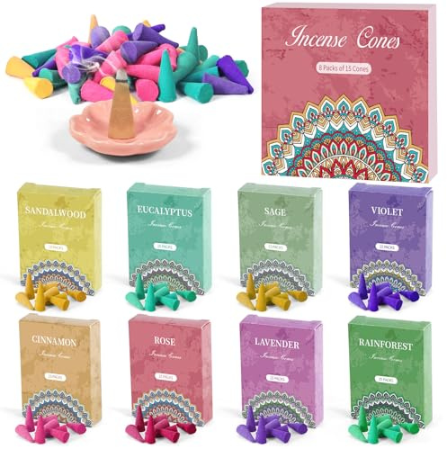 STRN Incense Cones Assorted Scented with Holder, 120 Cones Total Incense Variety Pack Gift Set, Rose, Sage, Lavender, Violet, Cinnamon, Eucalyptus, Sandalwood, Rain Forest
