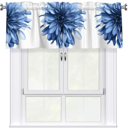 WHJSHOP Cortina con patrón de flores de dalia azul con barra corta, 137 x 45 cm para la mayoría de barras de cortina estándar o decorativas, para cocinas, baños, lavanderías