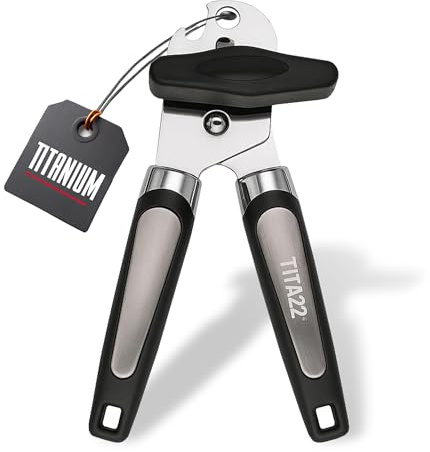 TITA22™ Titanium Coated Manual Tin Opener – Heavy Duty Stainless Steel with Titanium Coating, Rust-Resistant, Ultra Sharp, Ergonomic Soft Grip Handles – Smooth Edge, Safe & Durable Kitchen Tool