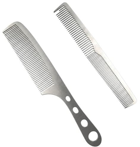 2 Pcs Metal Comb, Stainless Steel Fine Tooth Comb Set, Barber Combs for Men & Women, Anti-Static, Heat Resistant Cutting & Styling Hair Comb, Hollow out handle, Professional Hairdressing Tool Kit