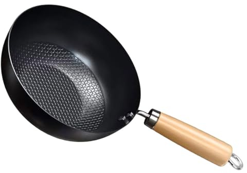 Homoyoyo Ergonomische Bratpfanne aus Eisen und Holz für Induktion Schwarz ohne Beschichtung für Täglichen Gebrauch und Gasherd Geeignet