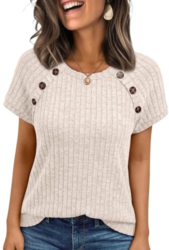 AUTOMET Women's Short Sleeve Decorative Buttons Shirts Apricot L | Business Casual Tops,Breathable Dressy Sweaters & Trendy Spring Blouses for Work, Office & Professional Wear
