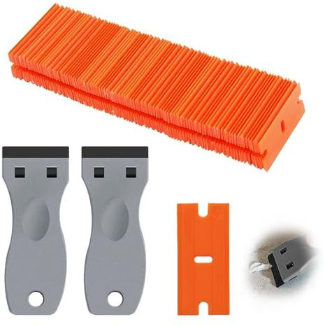 2 PCS Grattoir de Nettoyage 100 PCS Lames en Orange Plastique,Décapant de Résidus Grattoir Ensemble Raclettes Pour Verre Plaque Vitrocéramique Enlever les Autocollants Enlever les Etiquettes (Gris)