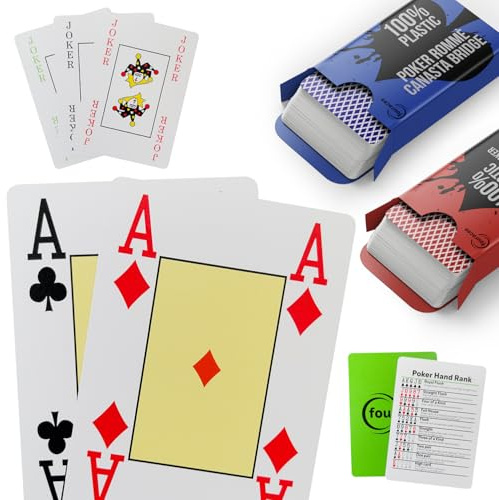 fouraces spelkort, pokerkort, 2 kortlekar i plast, avtorkningsbara och glatta, stora symboler, olika farger, extrakort, 3 jokrar, for poker rummy canasta skat
