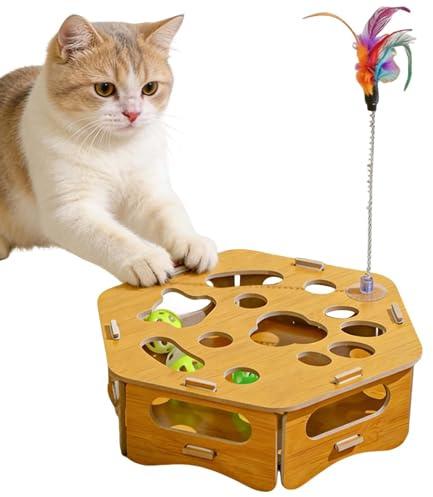 2026 Neu Holz Fummelbrett Für Katzen Leckerli, Katze Kratzspielzeug Puzzle Spielbox, Cat Scratcher Board, Interaktives Katzenspielzeug Selbstbeschäftigung Katzen Intelligenzspielzeug Mit Federn