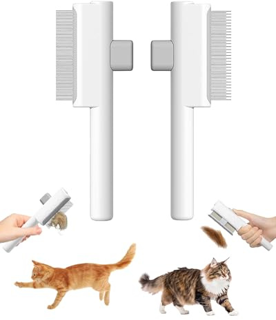 Katzenkamm-Set, selbstreinigender Flohkamm, Katzenpflegebürste mit Entriegelungsknopf und runden Edelstahlzähnen zum Entfernen von verfilztem und losem Fell, für Katzen und Hunde, 2 Stück