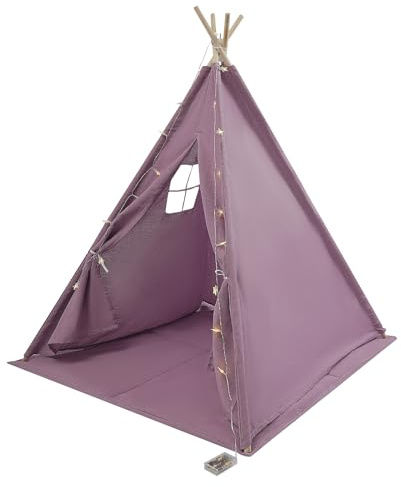 Tipi Zelt für Kinder Kinderzelt Tippi Kinderzelt Matte Lichterkette Faltbares Spielzelt Kinders Segeltuch Indoor Zelt für drinnen draußen Kinderzimmer Spielhaus 120x120x140cm (Lila)