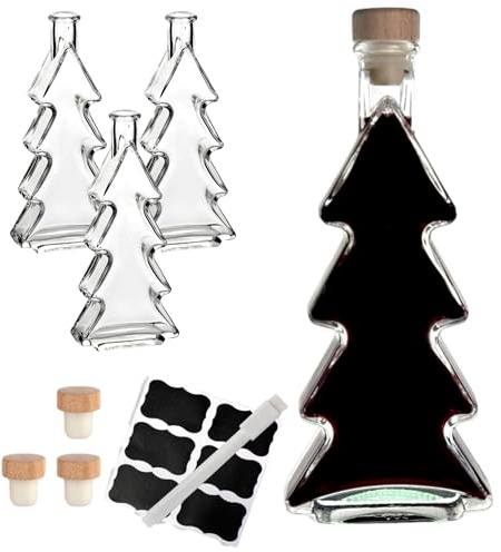 gouveo 4er Set Glasflaschen 200 ml (0,20 l) 200 ml Tanne Korkverschluss Holzgriffkorken Enghalsflasche aus Klarglas zum Befüllen, Aufbewahren & Dekorieren (TF200HGK)