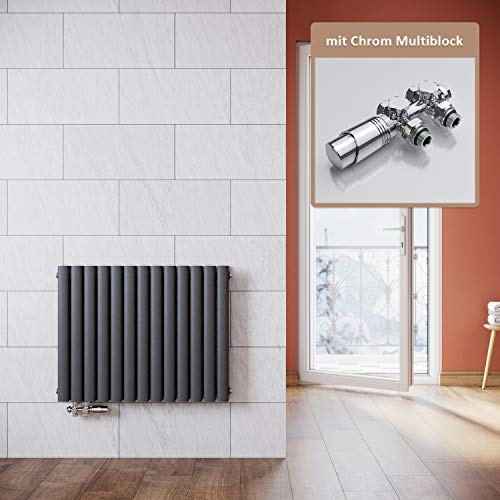 ELEGANT Heizkörper Modern Anthrazit 600x767mm mit Chrom Multiblock Thermostat Design Heizkörper Horizontal Doppellagig Röhrenheizkörper Mittelanschluss