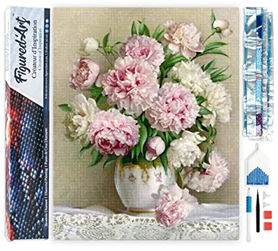 Figured'Art Diamond Painting Erwachsene 40x50cm Ganze Leinwand gerollt Pfingstrosen Blumenstrauß 5D Bilder Eckige Steine - DIY Set Basteln