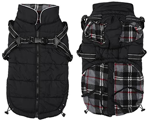 MOREZI Winterhundejacke, wasserdichte Außenschicht, Fleecefutter, Rückenreißverschluss-Design, mit reflektierenden Streifen und Riemen, geeignet für kleine und mittelgroße Hunde-Schwarz-L