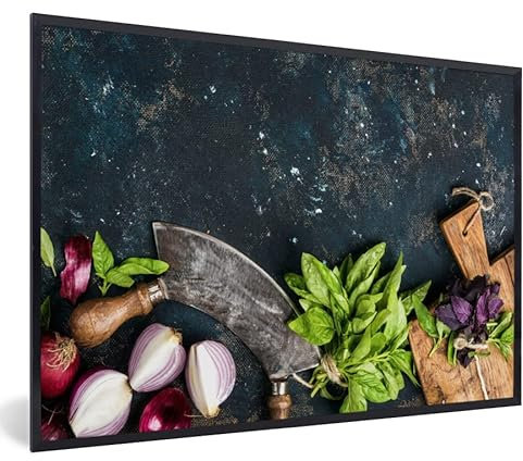 MuchoWow Poster Bilder Wanddeko Deko Wohnzimmer 120x80 cm Gemüse - Kräuter - Wiegemesser - Zwiebel - Gewürze - Rustikal