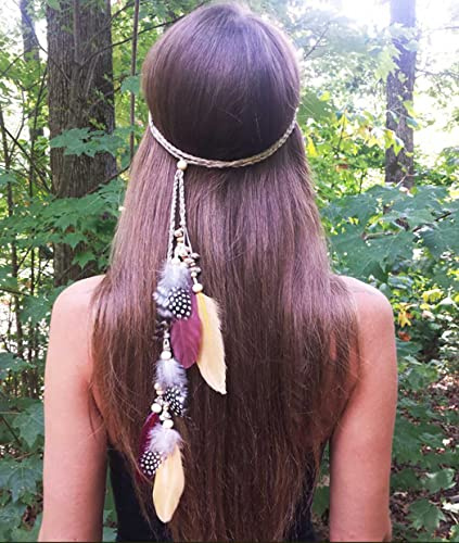 Zoestar Boho Feder Stirnband Hippie Vintage Kopfbedeckung indische Kopfkette Haarschmuck Tribal Haarschmuck für Frauen und Mädchen (rot)