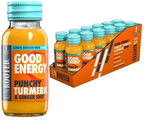UNROOTED Punchy Turmeric Shots Multipack - Immune System and Natural Energy Booster - 12 x 60ml Bottles - Turmeric, Ginger, Orange, Carrot & Baobab