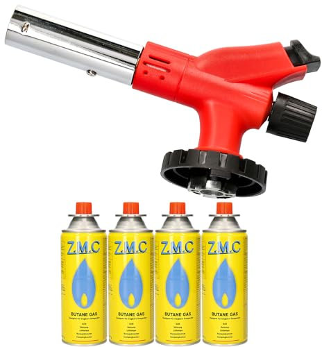 Z.M.C Gasbrenner 1,0kW + 4 Gaskartuschen 227g, Flambierbrenner bis zu 1300°C, Bunsenbrenner Lötbrenner, Küchenbrenner mit einstellbare Flamme, Brenneraufsatz