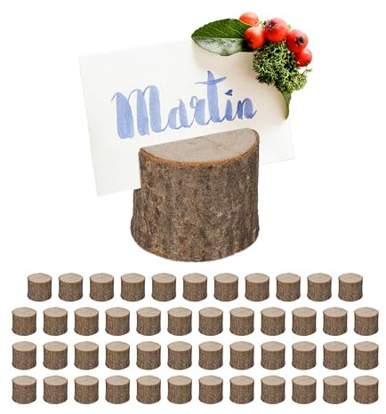 Relaxdays Tischkartenhalter Holz, 48er Set, Kartenhalter Tischkarten, Menükarten, Postkarten, Fotos, Aufsteller, Natur