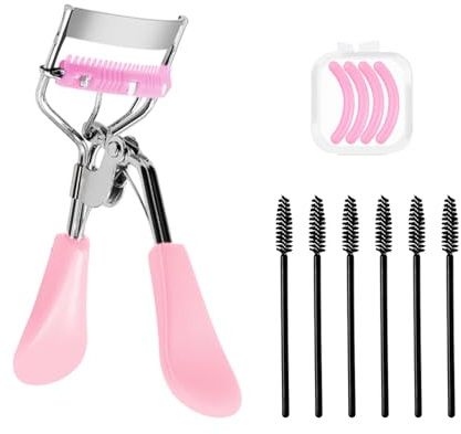 1 piegaciglia in acciaio al carbonio, 6 spazzole per ciglia, pennello per sopracciglia, strumenti per il trucco, pettine integrato per arricciare e abbellire le ciglia (rosa)