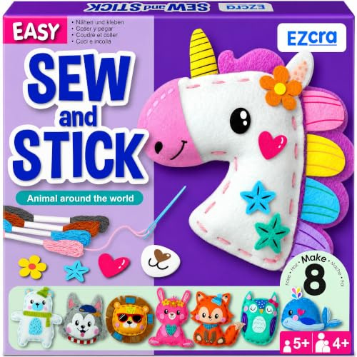 EZCRA Unicorn Sewing Kit for Kids - 8-in-1 Kids Sewing Kit - Easy to Do Craft Kits for Ages 4-8 - Sewing Crafts - Extra Felt Stickers for Decoration - No Mess with Full Instructions