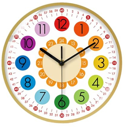 Ruwshuuk Reloj de pared para niños, colorido reloj de pared silencioso para niños, relojes de pared decorativos, herramienta de aprendizaje de tiempo para habitación infantil