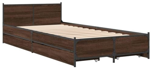 vidaXL Bettgestell, Bett mit Schubladen, Bettrahmen mit Metallbeine Sperrholzlatten, Einzelbett für Schlafzimmer, Schubladenbett, Braun Eichen-Optik 90x200cm Holzwerkstoff