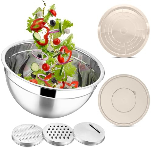 Joyfair 4,5 L Edelstahl Rührschüssel für Backen/Kochen/Zubereiten - Khaki | Luftdichten & Abnehmbarem Deckel, 3 Reibenaufsätzen, Hochglanzpoliert, Langlebig, Spülmaschinenfest, Backofenfest
