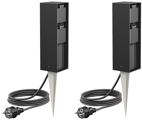 ledscom.de 2X Garten-Steckdosen-Säule POKU mit Erdspieß und 2m Kabel für außen, IP44, 2-Fach, schwarz, eckig, 23cm