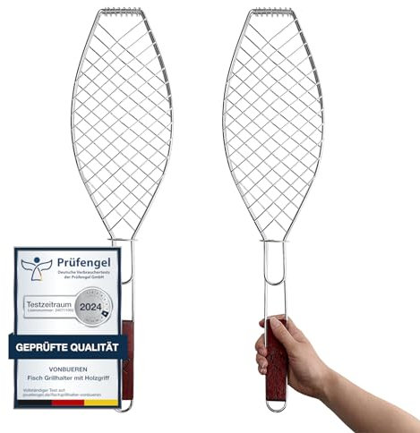 2 x Fisch Grillhalter 63x16cm mit Holzgriff VonBueren | Fischgrillgitter | Fischzange zum Grillen | Fischgriller | Grillkorb Fisch