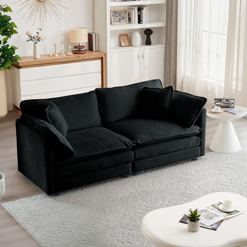 mikibama Luxury Loveseat Sofa Couch, 76 Modern Chenille Deep 2-Seater Cloud Couch with 2 Armrest Pillows and 2 Toss Pillows, Love Seat for Living Room Bedroom Office Apartment, Black