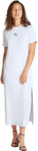 Calvin Klein Donna Abito a T-Shirt Monologo Long Rib Tee con Scollo Rotondo, Bianco (Brilliant White), M