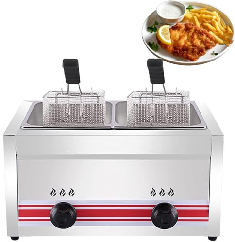 Freidora de Gas Comercial de 20 litros con Encimera de Acero Inoxidable, Doble Tanque, Freidora de Cocina con 2 Cestas y Tapa ExtraíBles, para Papas Fritas, Pavo, Donas