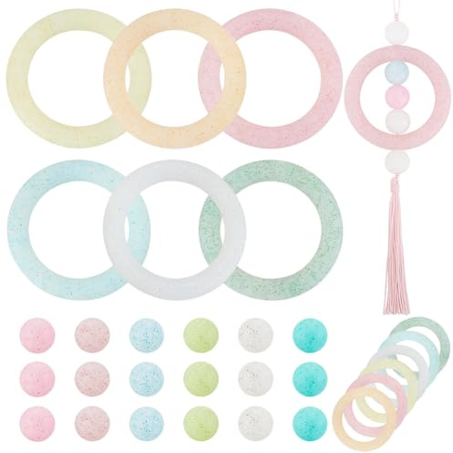 AHANDMAKER 6 Stück Silikonperlenring 65mm Silikonperlenschlaufen Mit 6 Farben Silikonperlen Schmuckherstellungs Set Für Selbstgemachte Schlüsselanhänger Autoanhänger Hängende Ornamente
