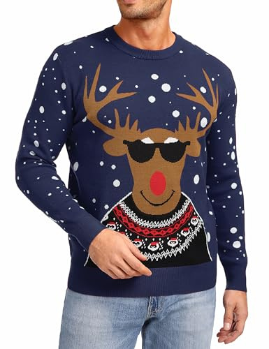 Jahetuul Natale Inverno Maglione Caldo Girocollo Maglione di Natale Uomo a Maniche Lunghe Divertente Renna Natalizia Morbido e Accogliente