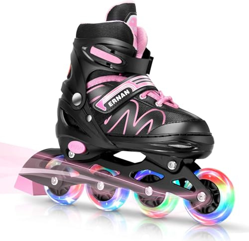 ERNAN Pattini in linea regolabili per bambini,Pattini in linea, pattini in linea per bambini con ruote illuminate, Per ragazze e ragazzi, per uso interno ed esterno (Pink, S)